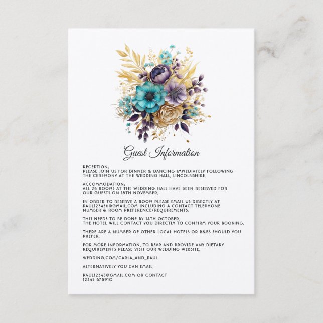 Teal, Purple and Gold Floral Wedding Guest Details Enclosure Card (Front)
