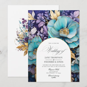 Teal, Purple, and Gold Floral Wedding Invitation
