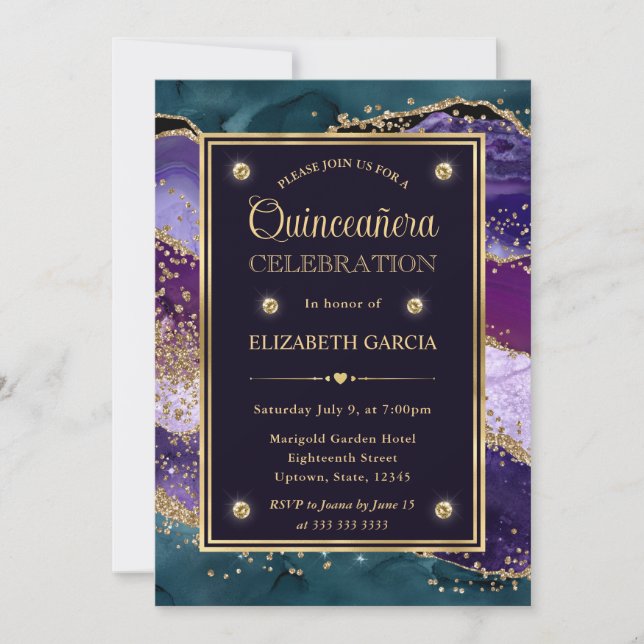 Teal, Purple and Gold Glitter Agate Quinceanera Invitation (Front)