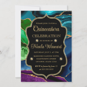 Teal, Purple and Gold Glitter Agate Quinceanera Invitation
