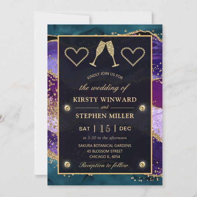 Teal, Purple and Gold Peacock Agate Wedding Invitation (Front)