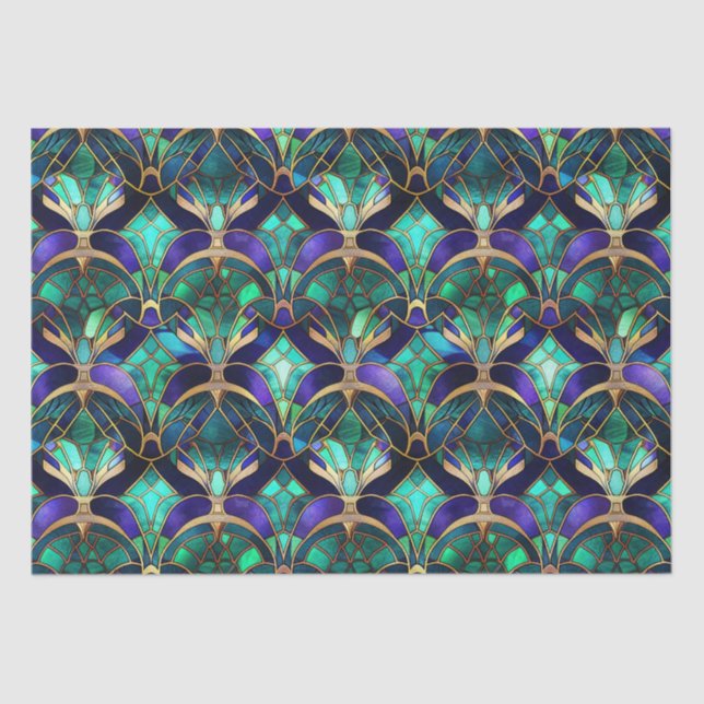 Teal, Purple and Gold Peacock Stained Glass Tissue Paper (Front)