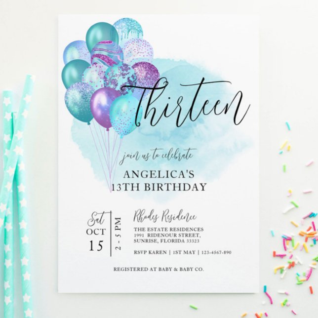 Teal Purple Balloons 13th Birthday Invitation (Creator Uploaded)