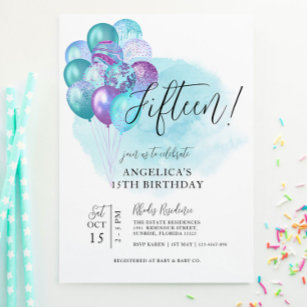 Teal Purple Balloons 15th Birthday Invitation