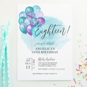 Teal Purple Balloons 18th Birthday Invitation