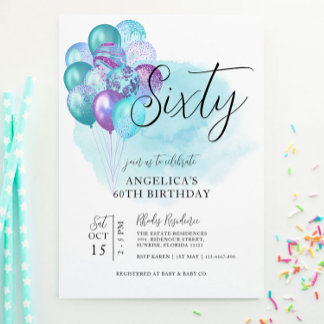 Teal Purple Balloons 60th Birthday Invitation
