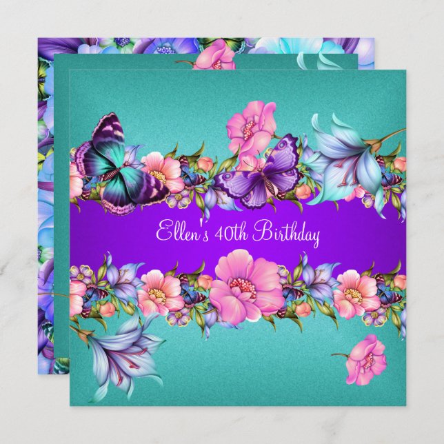 Teal Purple blue Pink Butterfly Birthday Party Invitation (Front/Back)