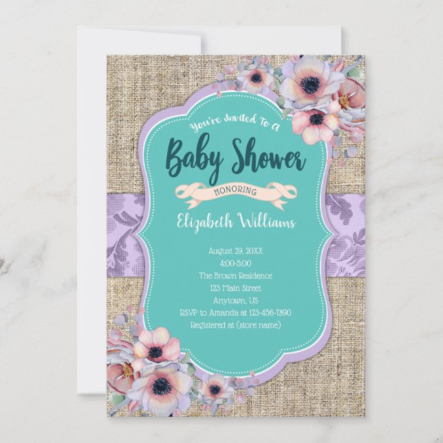 Teal Purple Burlap Watercolor Flowers Baby Shower Invitation (Front)