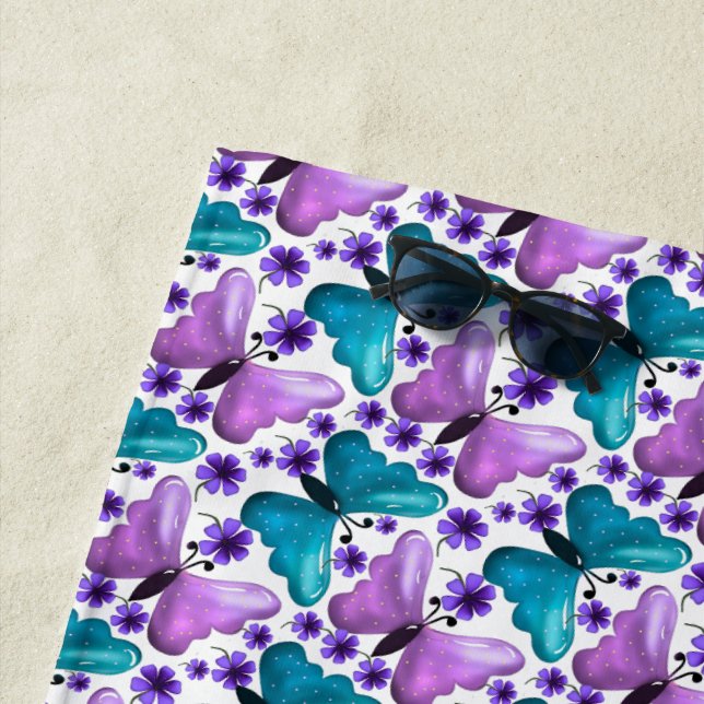 Teal purple butterfly floral pattern  beach towel (In Situ)