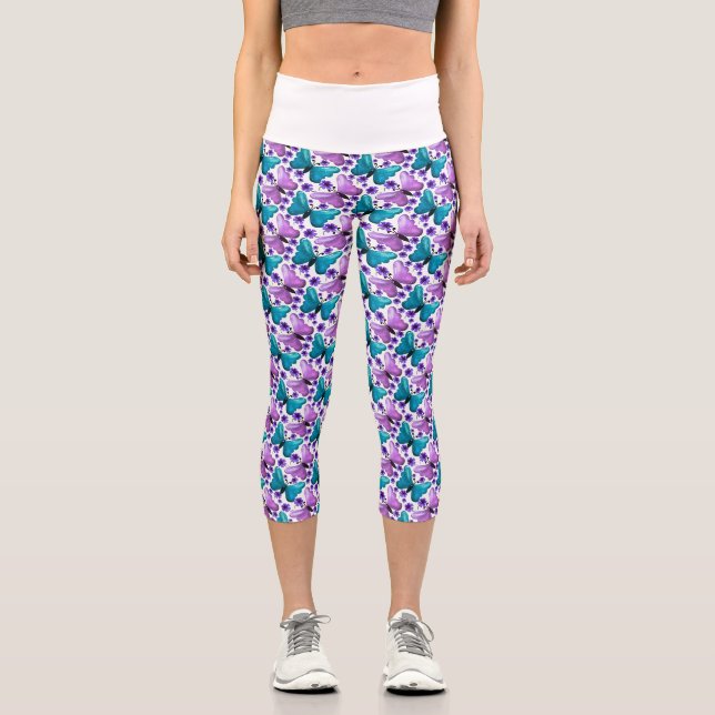 Teal purple butterfly floral pattern  capri leggings (Front)