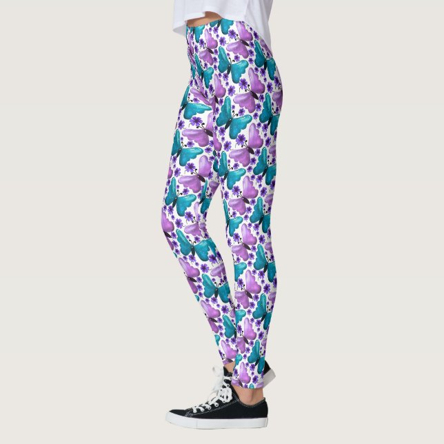 Teal purple butterfly floral pattern  leggings (Left)