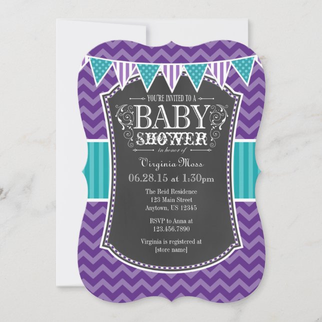 Teal Purple Chalkboard Chevron Baby Shower Invite (Front)