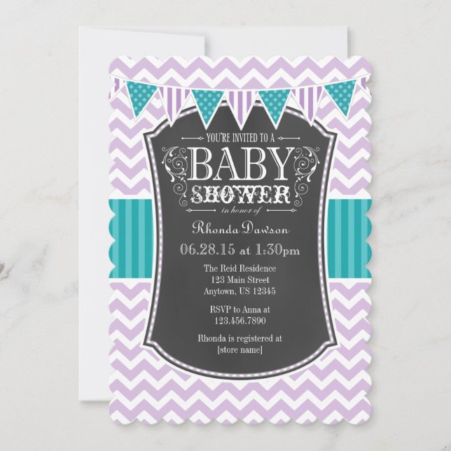 Teal Purple Chalkboard Chevron Baby Shower Invite (Front)