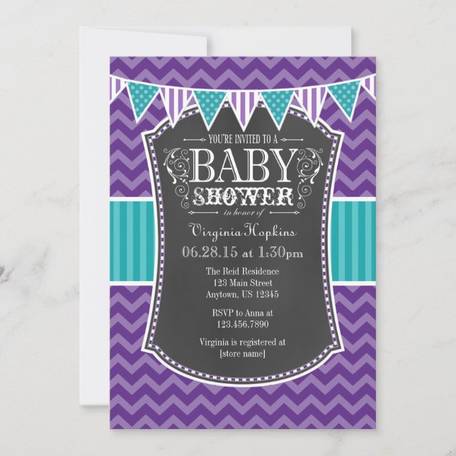 Teal Purple Chalkboard Chevron Baby Shower Invite (Front)