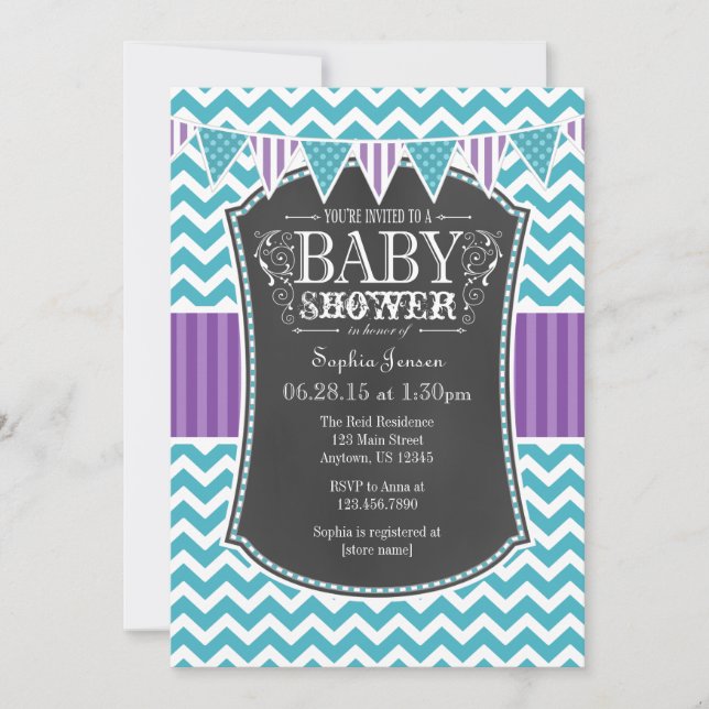 Teal Purple Chalkboard Chevron Baby Shower Invite (Front)