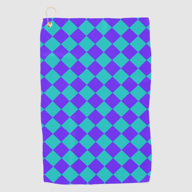 Teal Purple Chequered Diamond Pattern Golf Towel (Front)