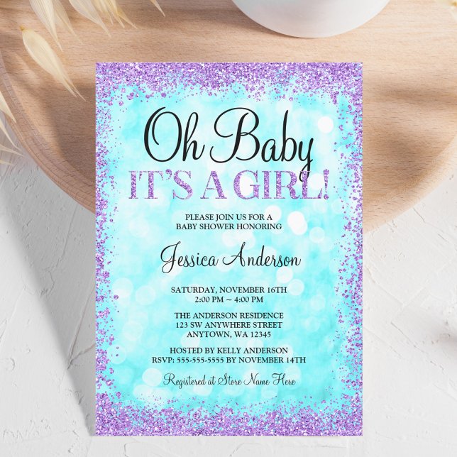Teal Purple Faux Glitter Lights Girl Baby Shower Invitation (Creator Uploaded)