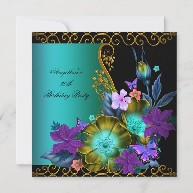 Teal Purple Floral Black Gold Birthday Party Invitation (Front)