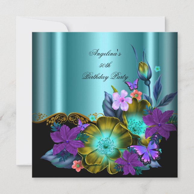 Teal Purple Floral Black Gold Birthday Party Invitation (Front)