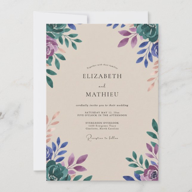 Teal Purple Foliage Eucalyptus Wedding Invitation (Front)