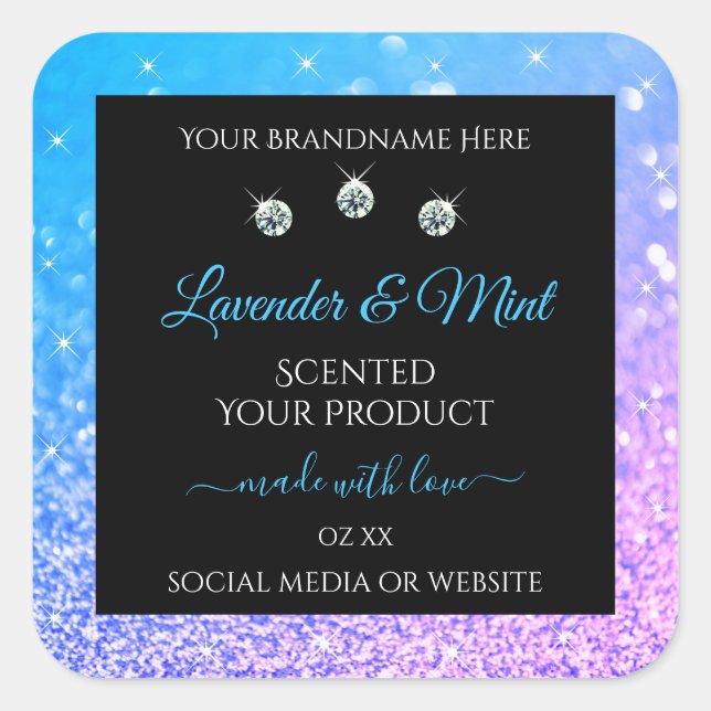 Teal Purple Glitter Black Product Labels Diamonds (Front)