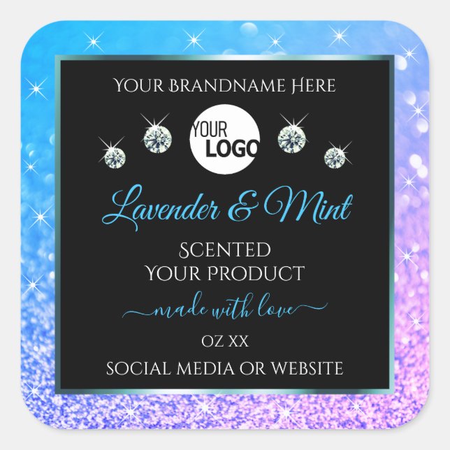 Teal Purple Glitter Black Product Labels with Logo (Front)