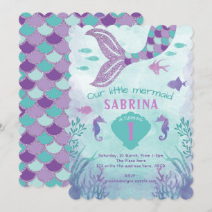 Teal, Purple, Glitter, Mermaid, Girl Birthday Invitation