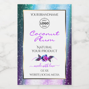 Teal Purple Glitter White Product Labels with Logo