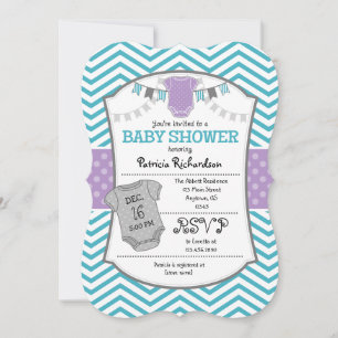 Teal Purple Grey Chevron Baby Shower Invitation