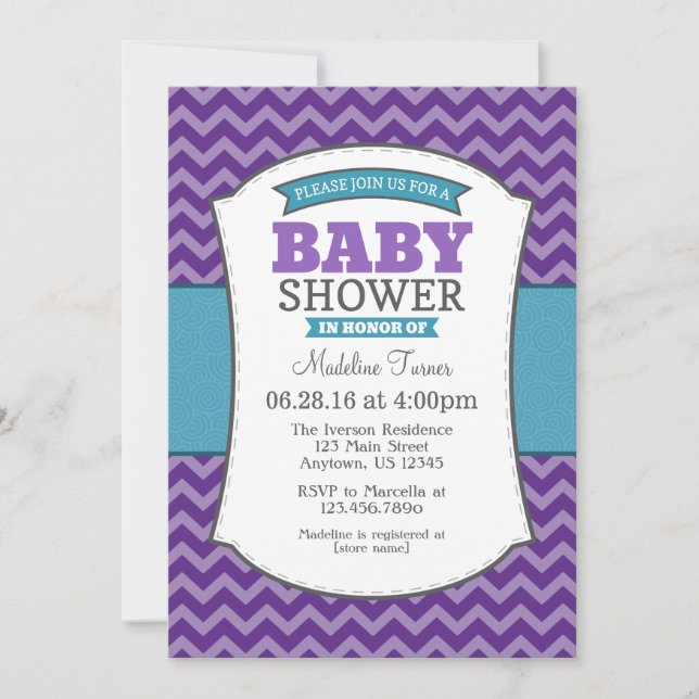 Teal Purple Grey Chevron Baby Shower Invitation (Front)