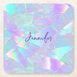 Teal & Purple Iridescent Design, Script Name Square Paper Coaster