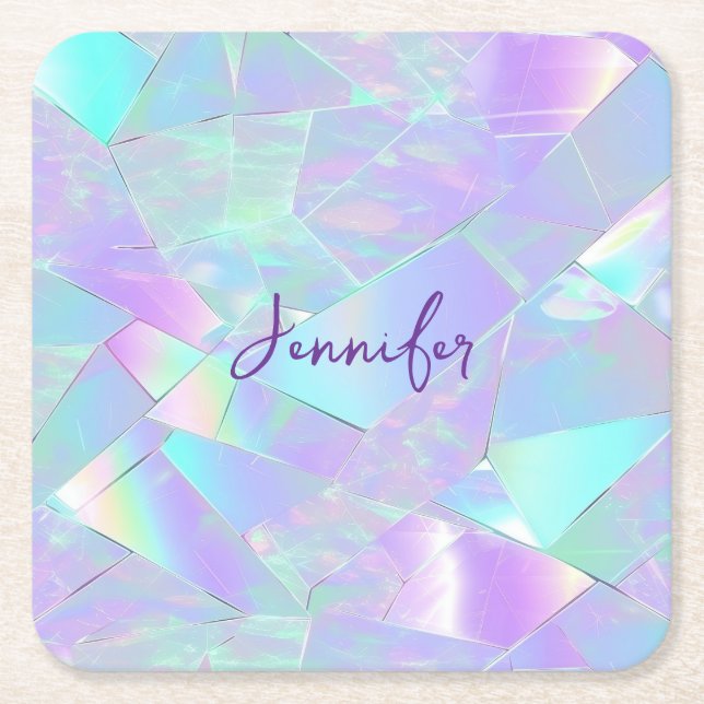 Teal & Purple Iridescent Design, Script Name Square Paper Coaster (Front)