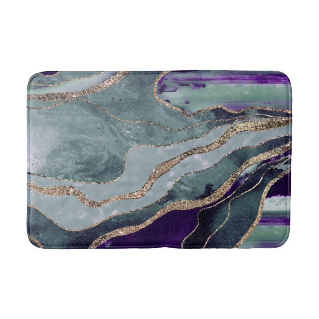 Teal Purple Marble Agate Gold Glitter Glam #1  Bath Mat (Front)