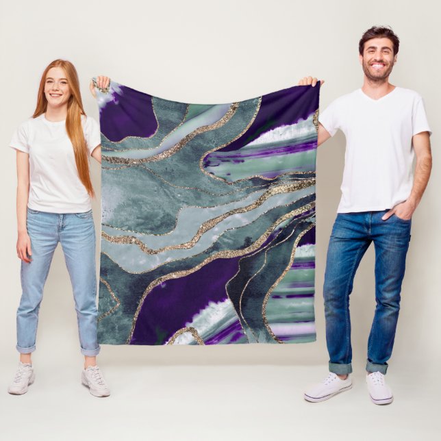 Teal Purple Marble Agate Gold Glitter Glam #1  Fleece Blanket (In Situ)