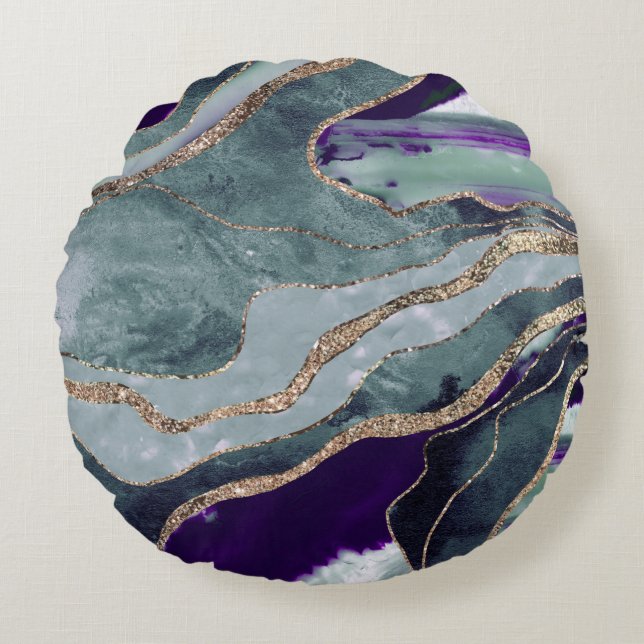 Teal Purple Marble Agate Gold Glitter Glam #1  Round Cushion (Front)