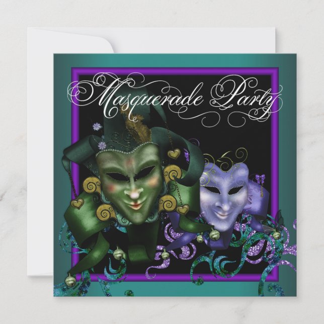Teal Purple Masquerade Party Invitations (Front)