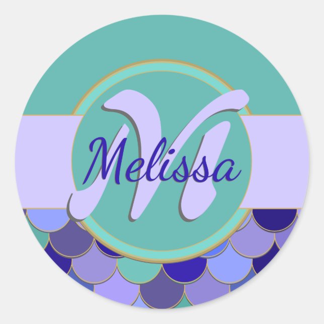 Teal & Purple Monogram Mermaid Sheet of Stickers (Front)
