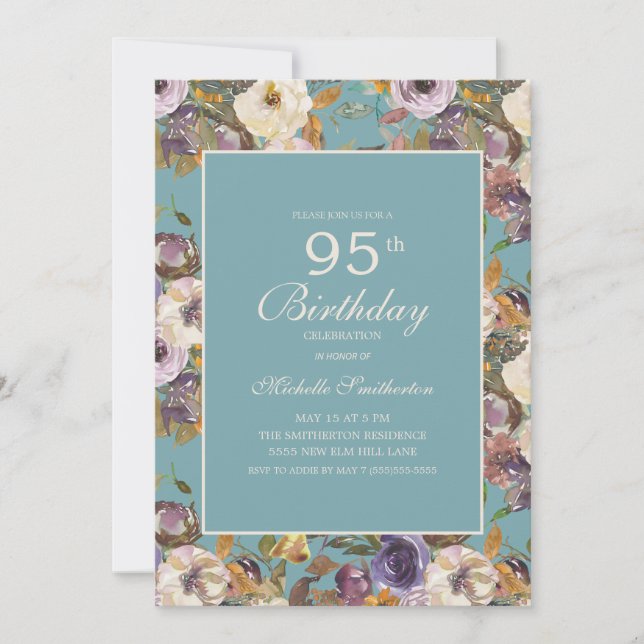 Teal Purple Mustard Ivory Floral 95th Birthday Invitation (Front)