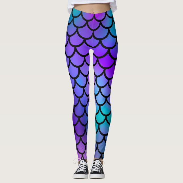 Teal Purple Pink Blue Mermaid Scales Fantasy Fish Leggings (Front)