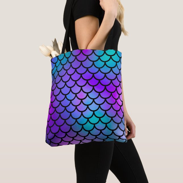 Teal Purple Pink Blue Mermaid Scales Fantasy Fish Tote Bag (Close Up)