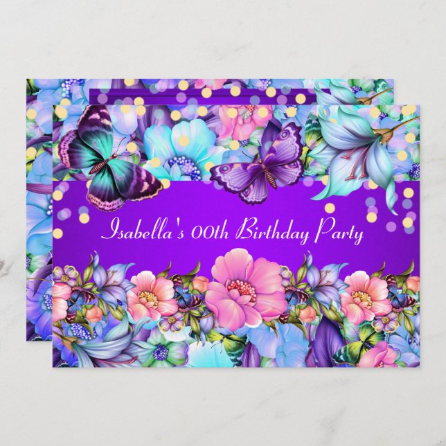 Teal Purple Pink Butterfly Birthday Party Invite (Front/Back)