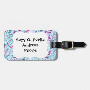 Teal Purple Pink Floral Flourish Swirls on Blue Luggage Tag