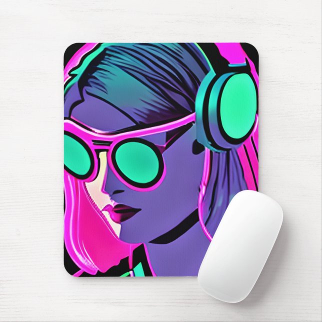 Teal, Purple, Pink Psychedelic Lady in Headphones Mouse Pad (With Mouse)