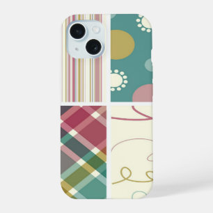 Teal Purple Plaid Check Dots Scribbles Pattern iPhone 15 Case