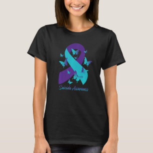 Teal Purple Ribbon Butterflies Suicide Prevention  T-Shirt