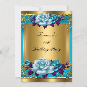 Teal Purple Roses Gold Elegant Birthday Party Invitation
