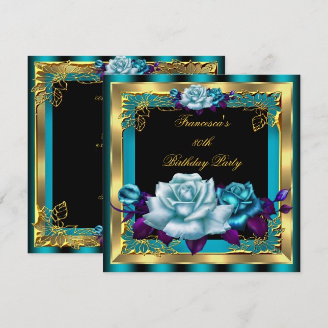 Teal Purple Roses Gold Elegant Womans Birthday 4 Invitation (Front/Back)