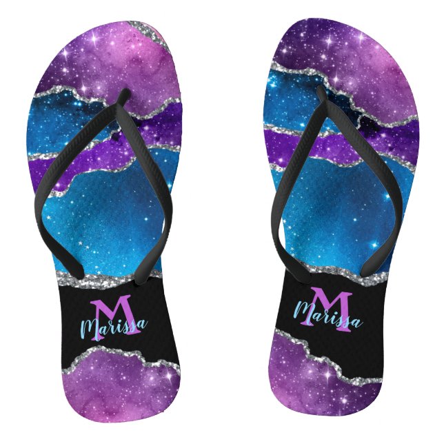 Teal Purple Silver Black Marbled Agate and Glitter Jandals (Footbed)