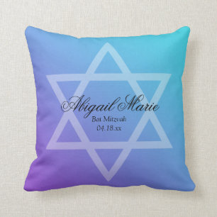 Teal Purple Star of David Bat Mitzvah Personalised Cushion