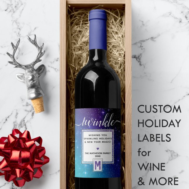 🍷 Teal Purple & Twinkling Watercolor Monogram Wine Label (🍷 Teal Purple & Twinkling Watercolor Monogram Wine Label
)